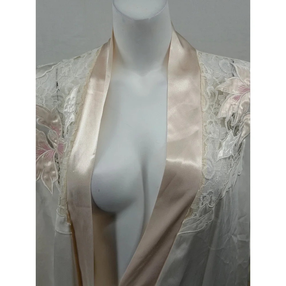 Vintage Natori Robe Womens Medium Ivory Satin Lace Floral Bridal Romantic Dainty